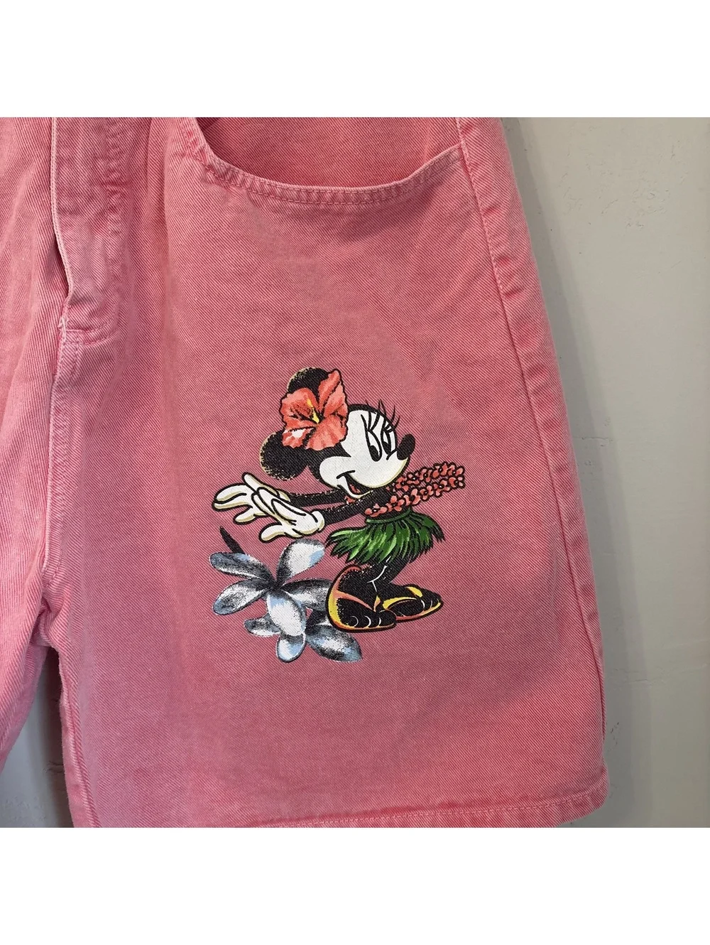 Vintage 90s Mickey by Jerry Leigh Pink Denim Shorts Minnie Mouse Hula Size 13/14